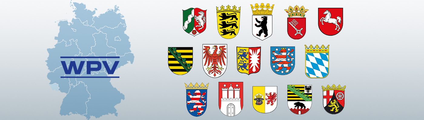 Deutschlandkarte mit den Wappen der 15 Bundesländer, in denen der WPV vertreten ist